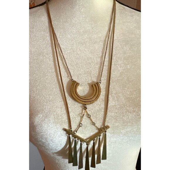 Long Crescent Dangle Retro Statement Necklace Vintage Gold Tone - Picture 1 of 9